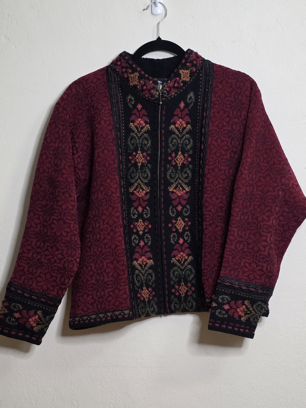 Women's Burgundy Patterned Zip-Front Sweater Jacket